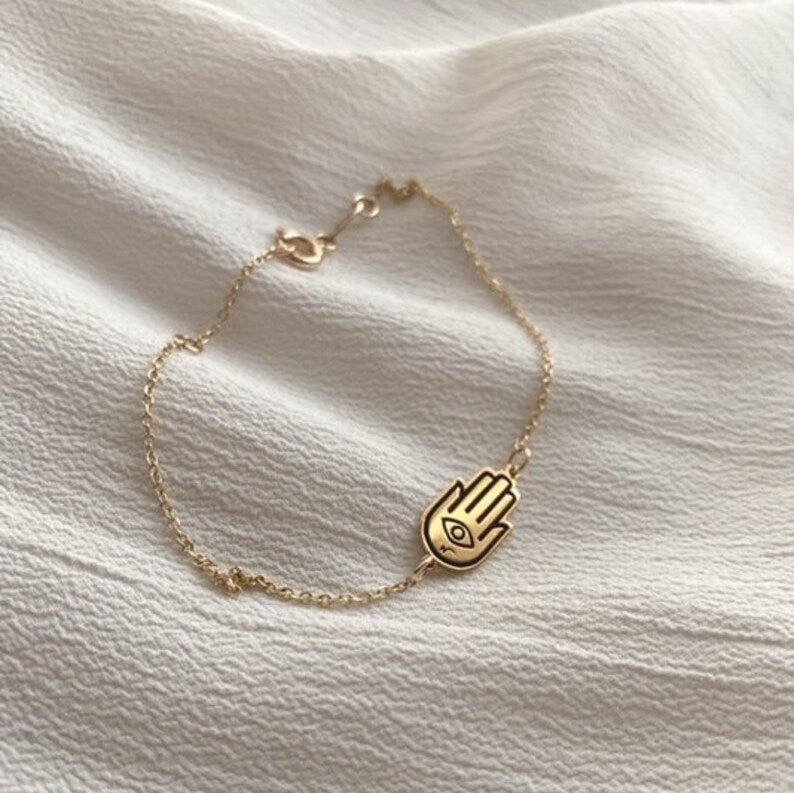 Gold Hand of Fatima bracelet for women made from 14k gold charm gift for her best friend