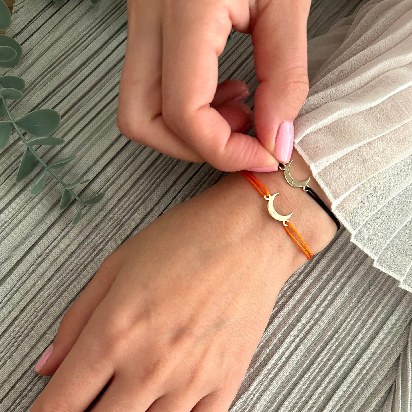 Womens Moon Bracelet in Solid Gold 14K,Adjustable String Bracelet,Celestial Gift for Her,Crescent Moon Gold Charm,Tiny Moon Anniversary Gift