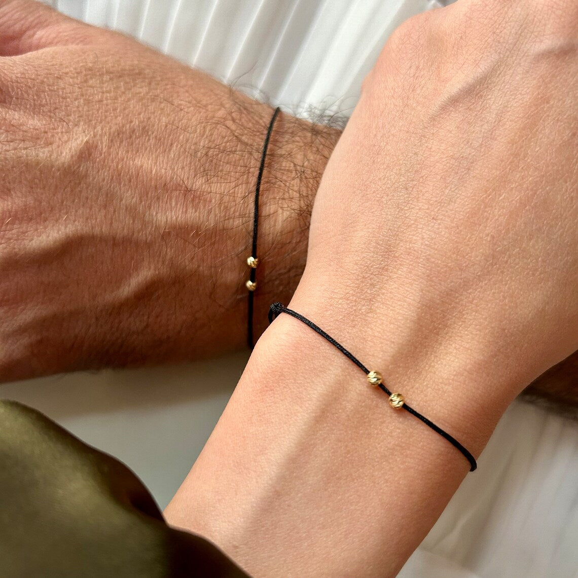 18k Solid Gold Beads Couples Bracelet Set, His and Hers Matching Bracelets, Anniversary Gift, Dainty Minimalist Jewelry, Stackable Set