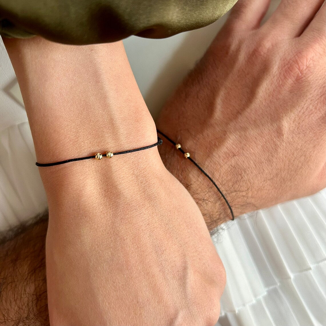 18k Solid Gold Beads Couples Bracelet Set, His and Hers Matching Bracelets, Anniversary Gift, Dainty Minimalist Jewelry, Stackable Set