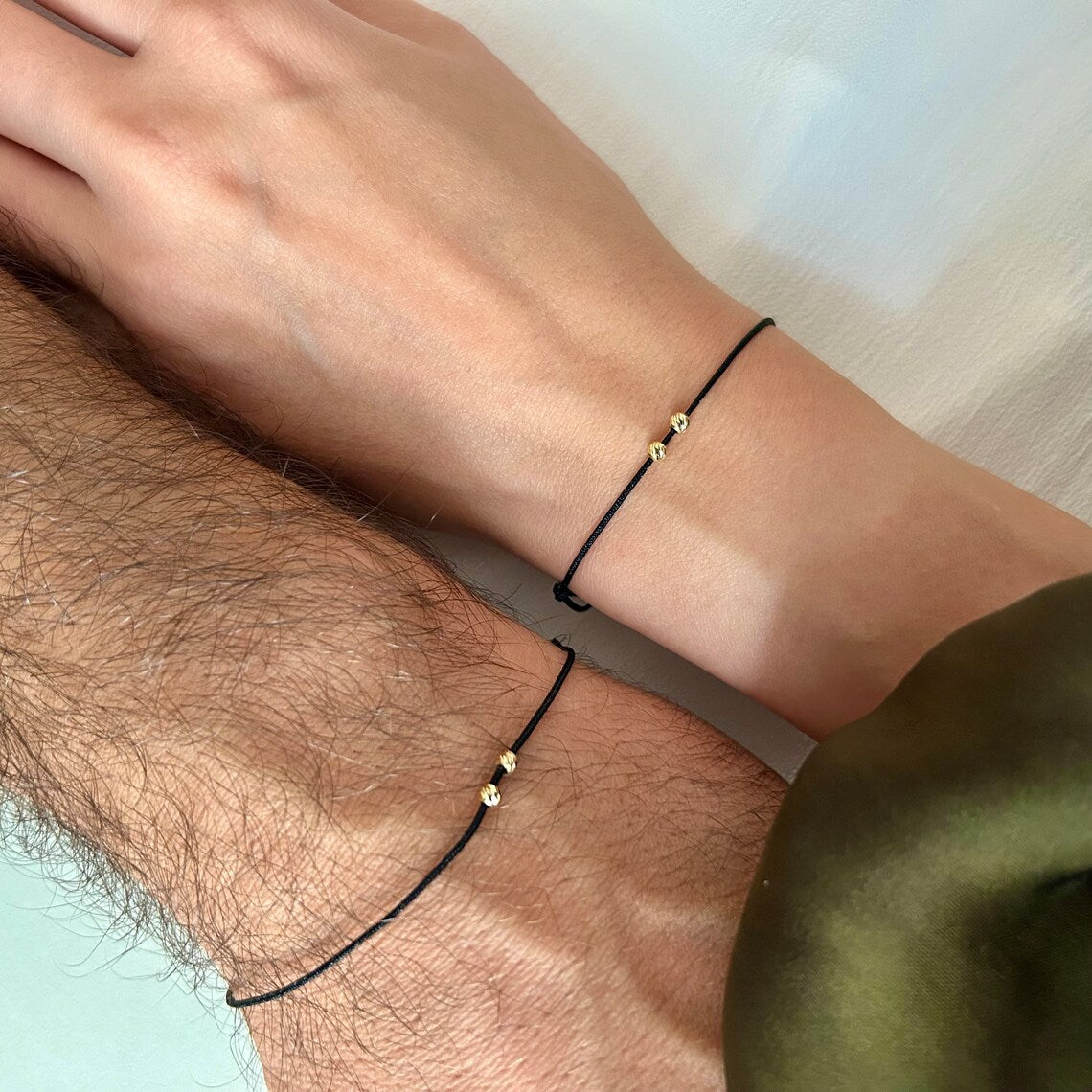 18k Solid Gold Beads Couples Bracelet Set, His and Hers Matching Bracelets, Anniversary Gift, Dainty Minimalist Jewelry, Stackable Set