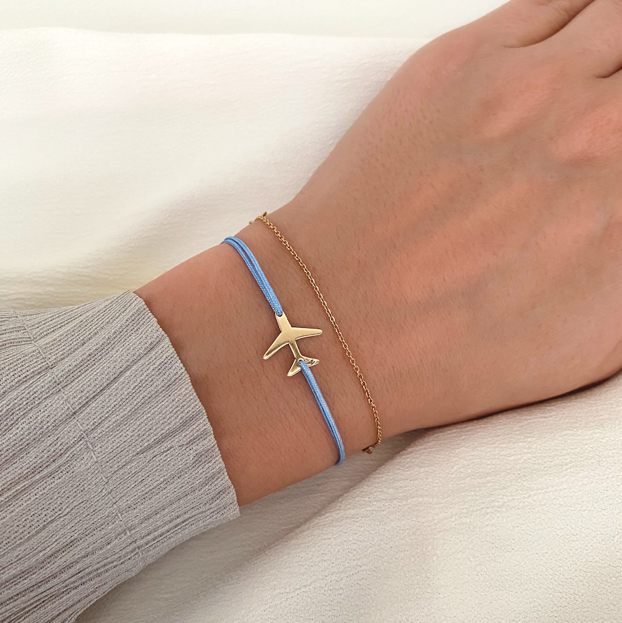 Gift for Her travel gift 14K Gold Airplane Charm Bracelet for Women made by Negru Jewelry online store from solid 14k gold