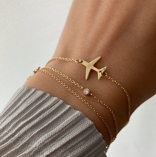 diamond Gift for Her travel gift 14K Gold Airplane Bracelet for Women made by Negru Jewelry online store from solid 14k gold on bracelet chain aviation gift cabin crew flight attendant