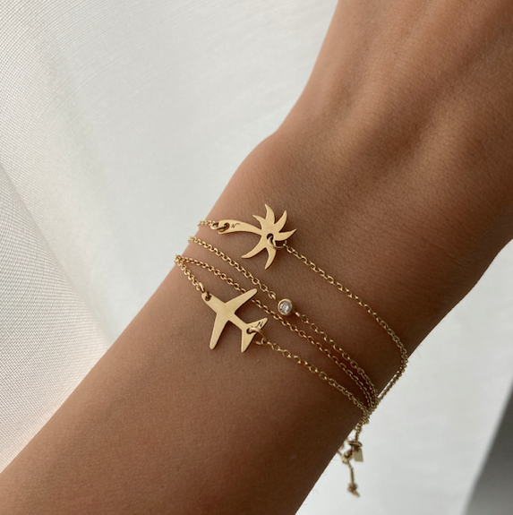 Airplane Palm Tree bracelets on chain Gift for Her travel gift 14K Gold Airplane Bracelet for Women made by Negru Jewelry online store from solid 14k gold on bracelet chain aviation gift cabin crew flight attendant