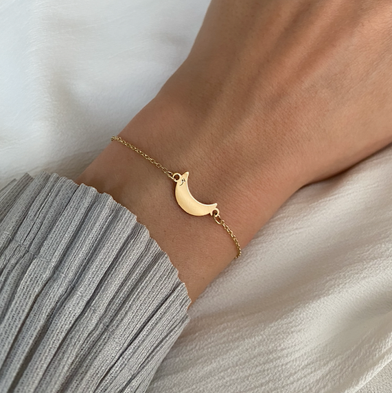 Moon Bracelet Gold Charm on Gold chain for Women 14K Gold Crescent Moon by Negru Jewelry online store