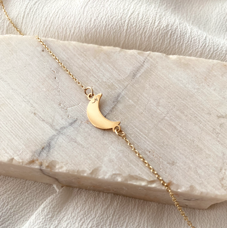 Moon Bracelet Gold for Women 14K Gold Crescent Moon charm on chain bracelet by Negru Jewelry online store