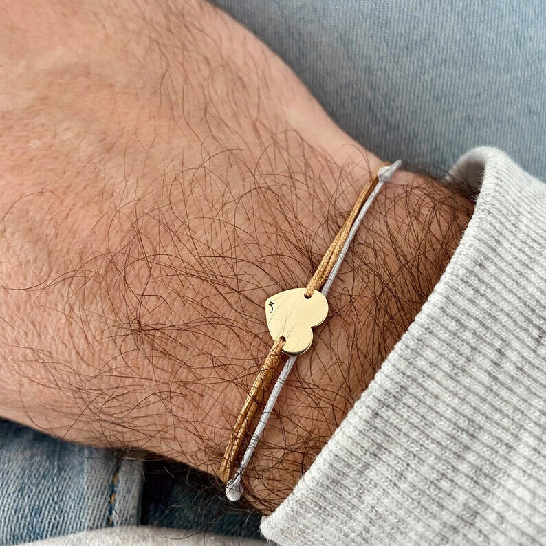 Mens Bracelet Heart Charm in Solid 14K Gold, Adjustable and Waterproof Bracelet, Dainty Jewelry, Perfect Gift for Him, Stacking Jewelry