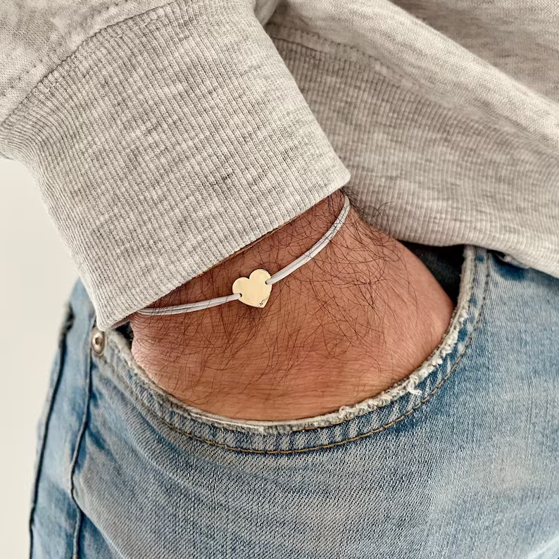 Mens Bracelet Heart Charm in Solid 14K Gold, Adjustable and Waterproof Bracelet, Dainty Jewelry, Perfect Gift for Him, Stacking Jewelry