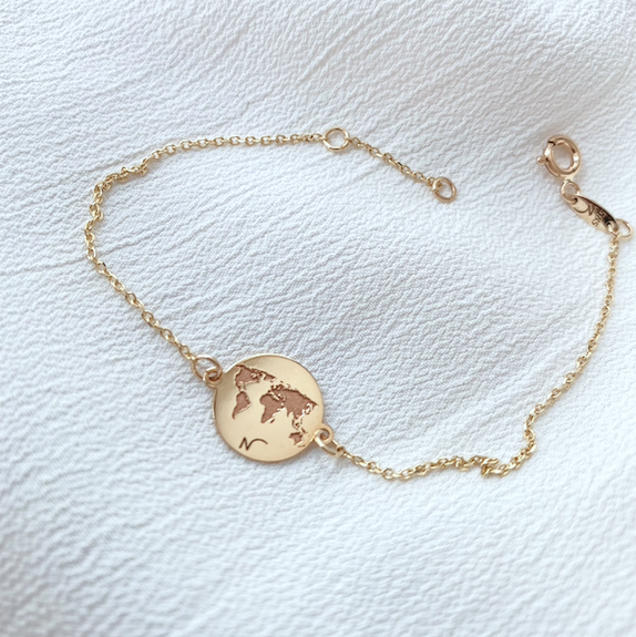 Gold World Map bracelet for women made from 14k Gold gift for her earth travel lovers globetrotter global jewelry gift online