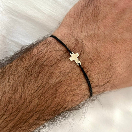 Mens Bracelet Cross Charm in Solid 14K Gold, Adjustable and Waterproof Bracelet, Dainty Jewelry, Perfect Gift for Him, Stacking Jewelry