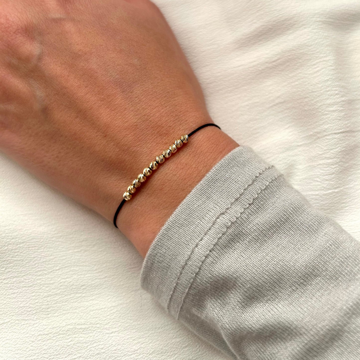 Beaded Bracelet for Women with 11 Solid 18k Gold Beads, Minimalist Dainty Wish Friendship Jewelry,Anniversary Gift For Her,Adjustable String