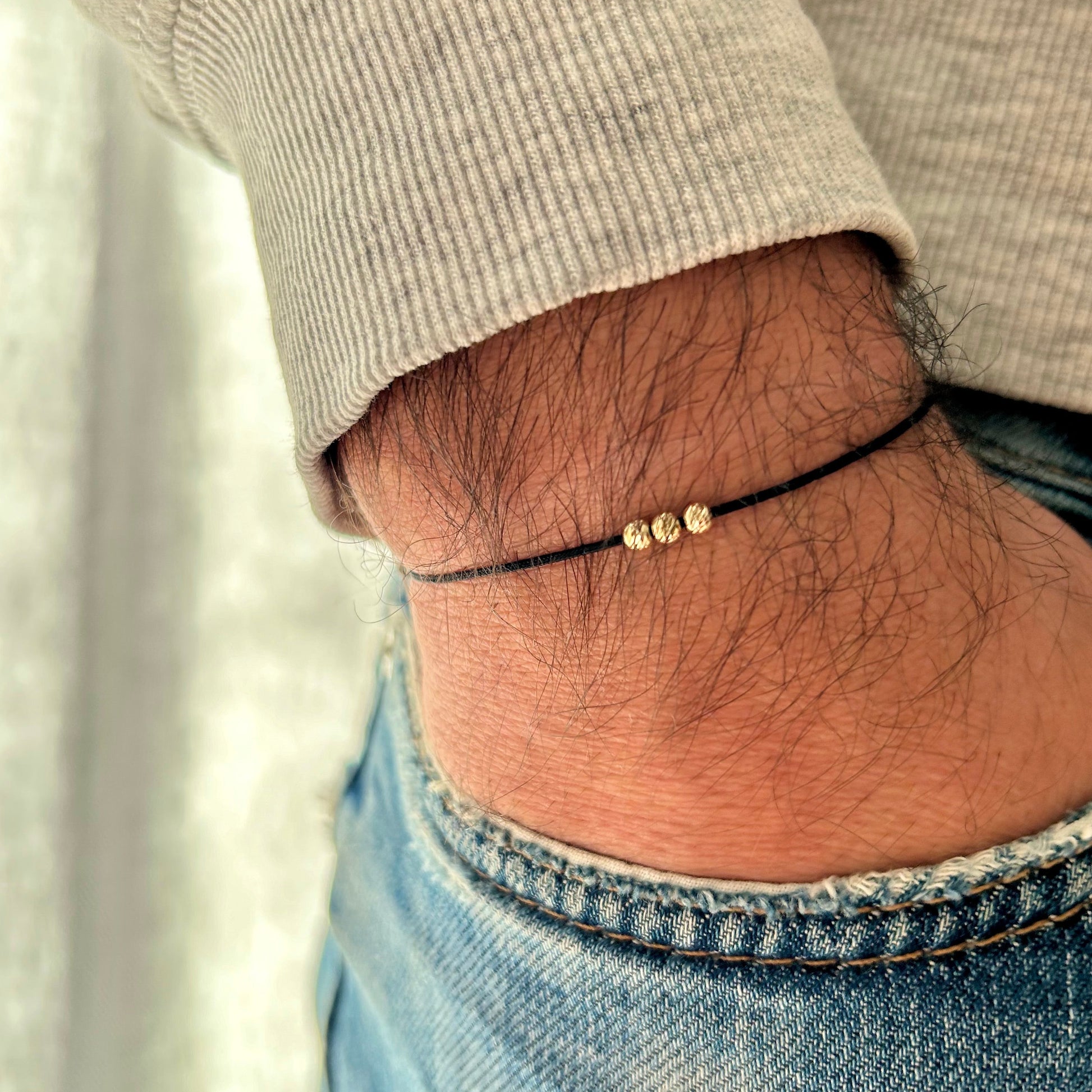 Mens String Bracelet with 3 Solid 18k Gold Beads, Minimalist Wish Friendship Jewelry, Anniversary Gift for Him, Lucky Charm Beaded Bracele