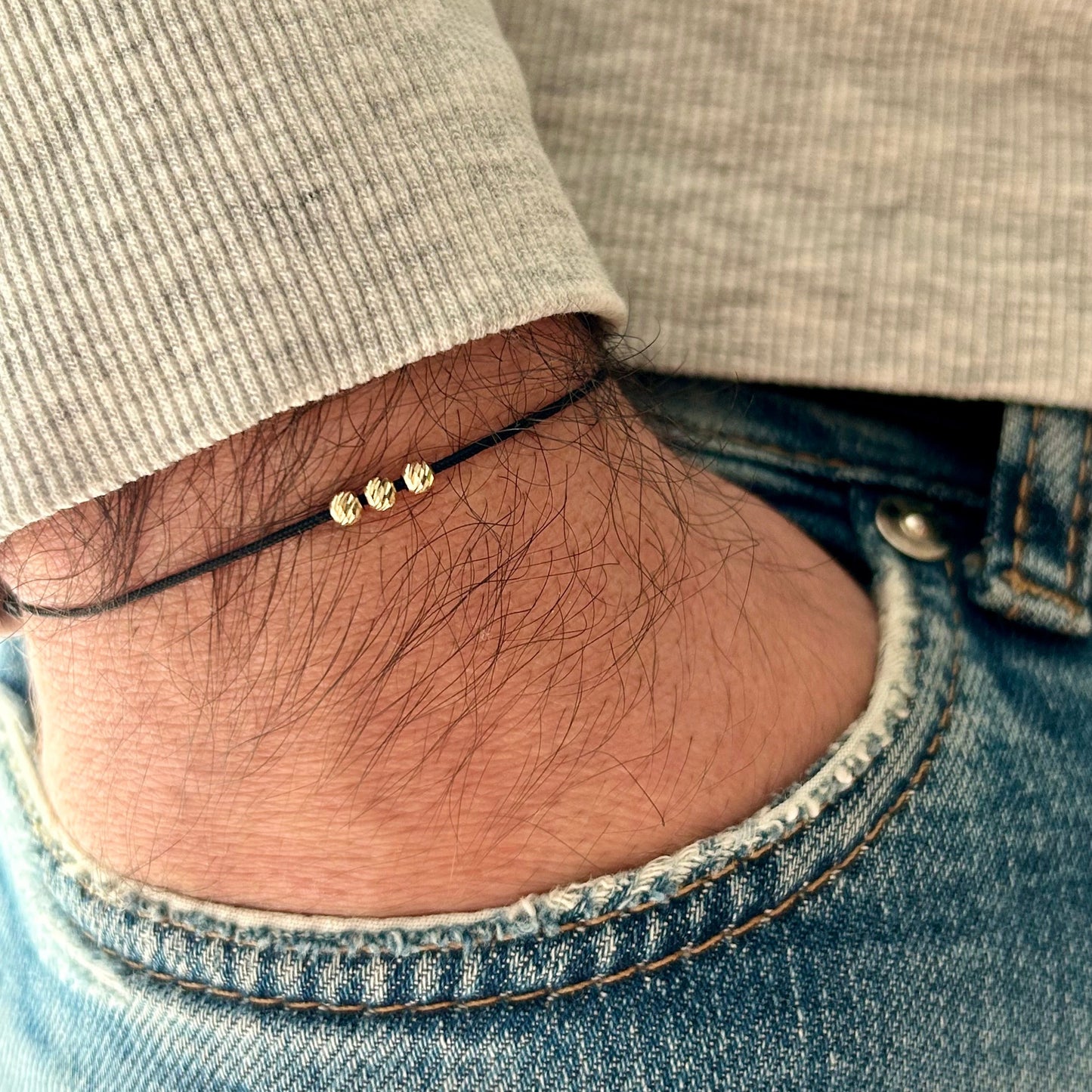 Mens String Bracelet with 3 Solid 18k Gold Beads, Minimalist Wish Friendship Jewelry, Anniversary Gift for Him, Lucky Charm Beaded Bracele