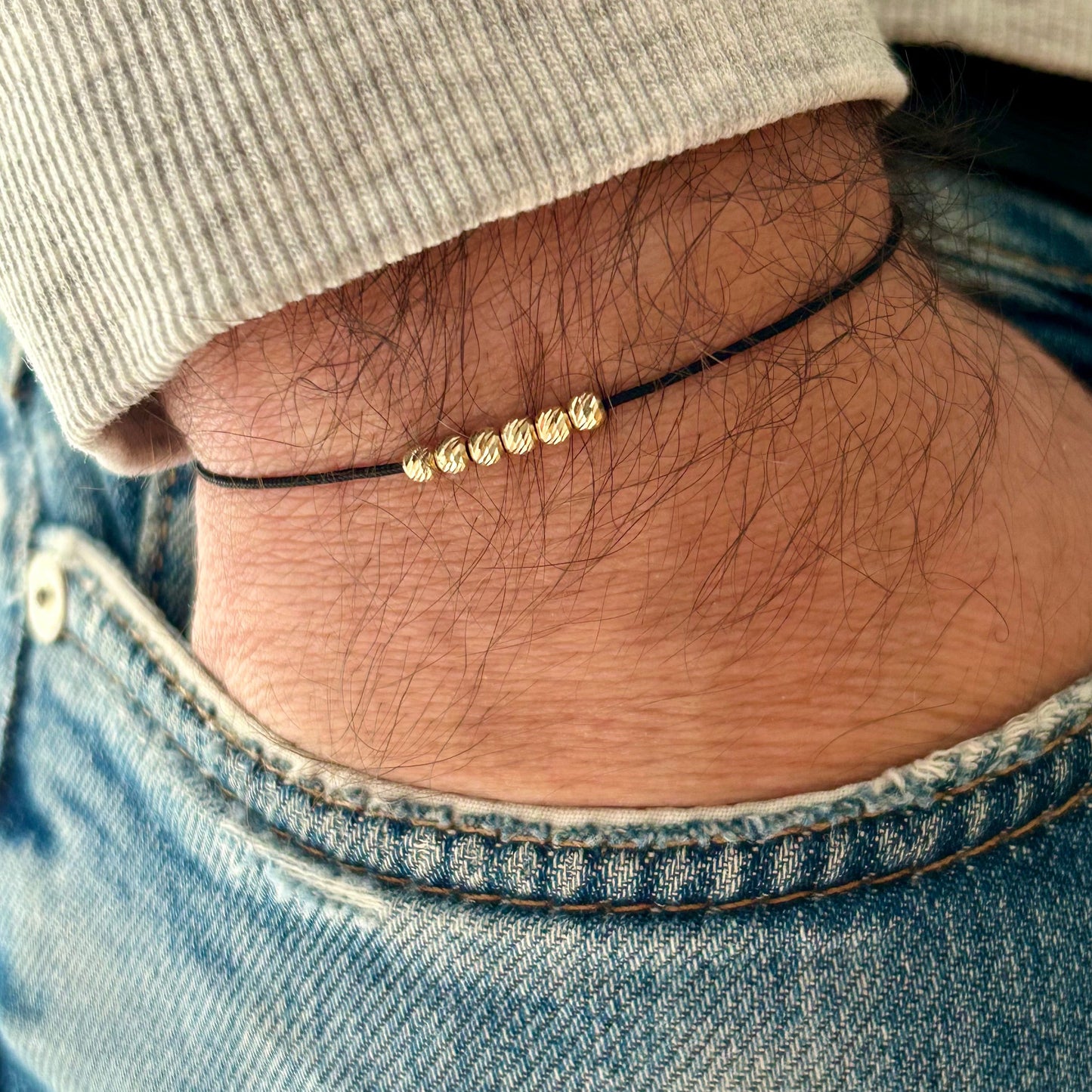 Mens Beaded Bracelet with 6 Solid 18k Gold Beads,Minimalist Wish Friendship Jewelry,Anniversary Gift for Him,Stackable String Lucky Bracelet