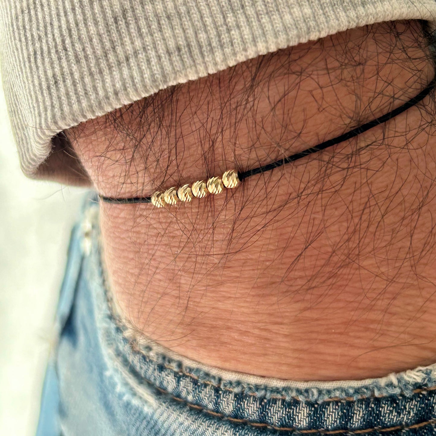 Mens Beaded Bracelet with 6 Solid 18k Gold Beads,Minimalist Wish Friendship Jewelry,Anniversary Gift for Him,Stackable String Lucky Bracelet