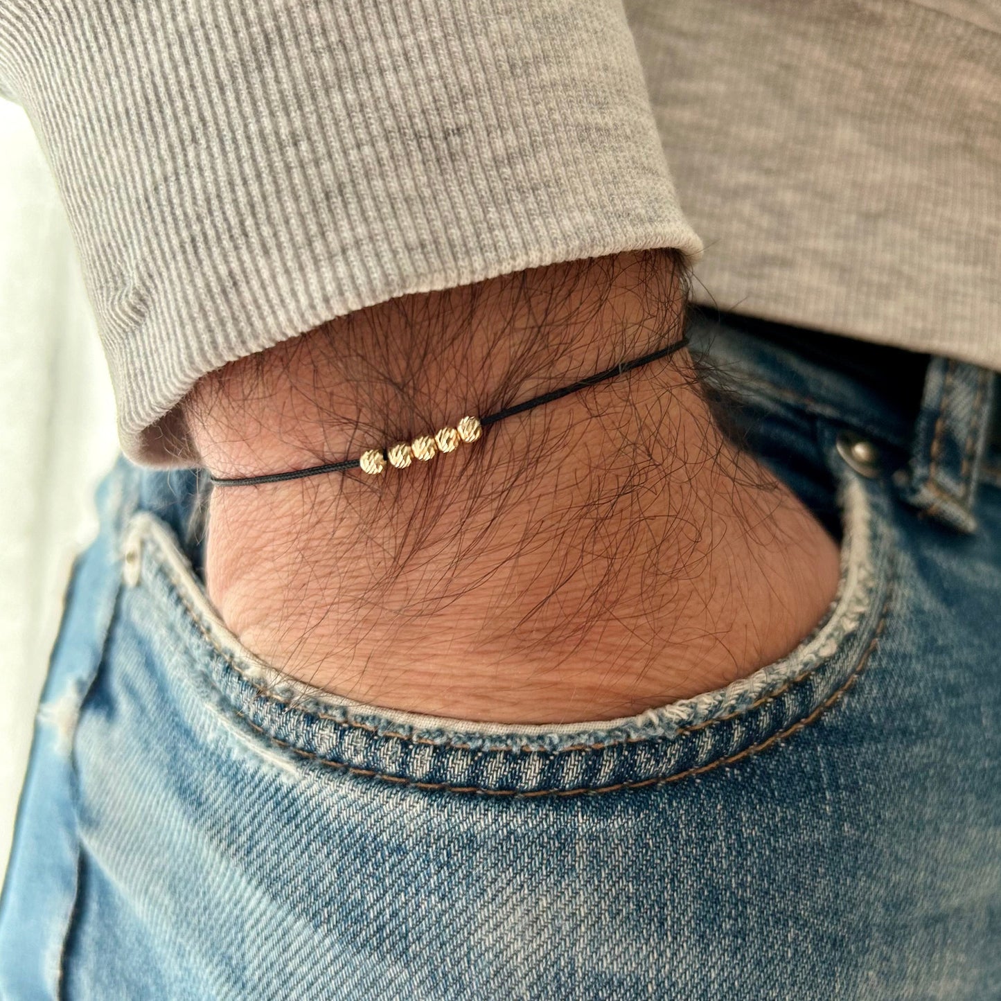 Mens Beaded Bracelet with 6 Solid 18k Gold Beads,Minimalist Wish Friendship Jewelry,Anniversary Gift for Him,Stackable String Lucky Bracelet