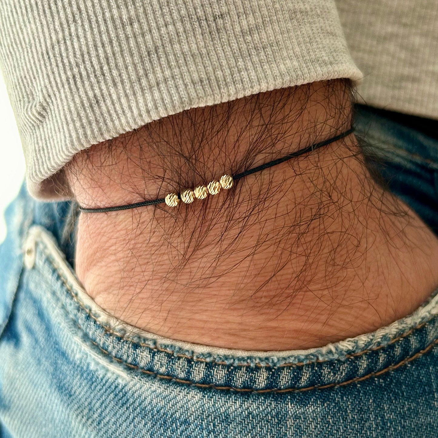 Mens Beaded Bracelet with 6 Solid 18k Gold Beads,Minimalist Wish Friendship Jewelry,Anniversary Gift for Him,Stackable String Lucky Bracelet