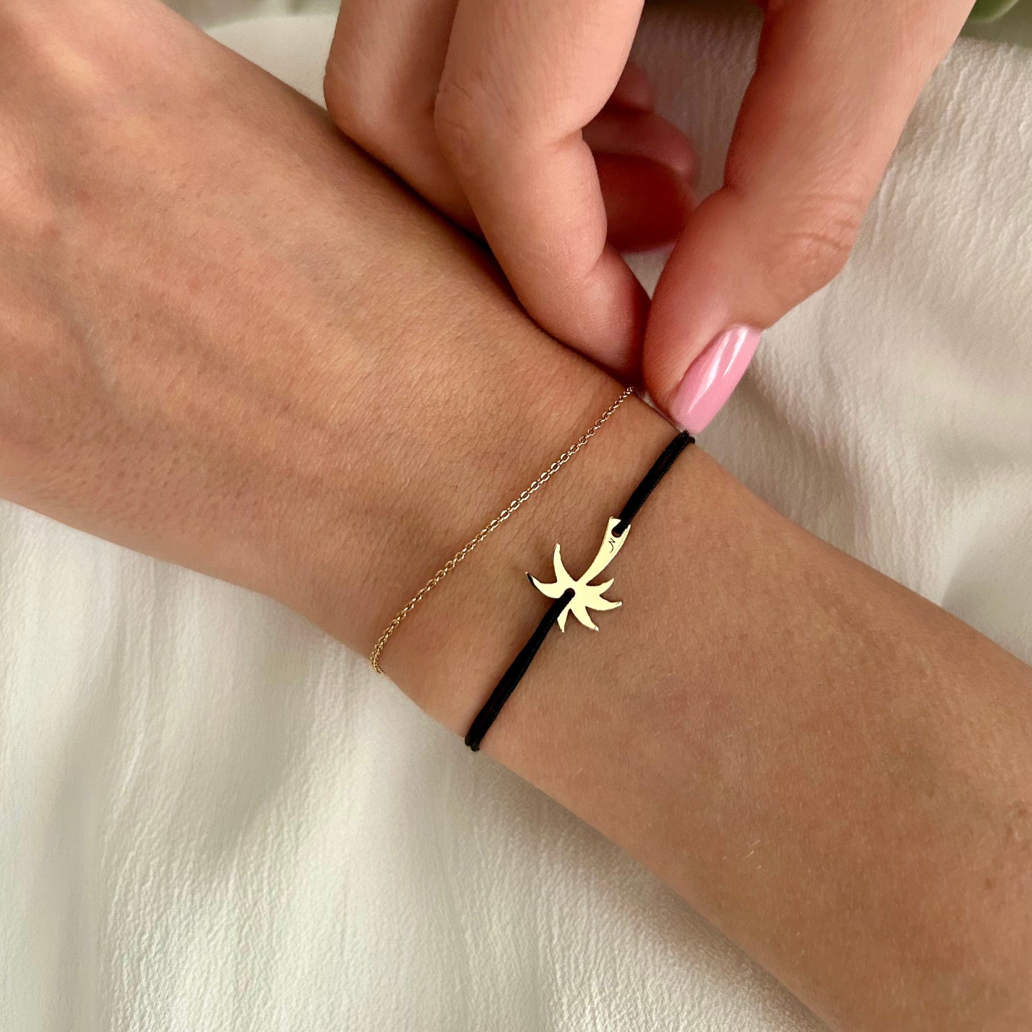 Womens Palm Tree Charm Bracelet in Solid 14K Gold, Adjustable String, Friendship Jewelry Gift for Her, Dainty Anniversary Travelers Bracelet