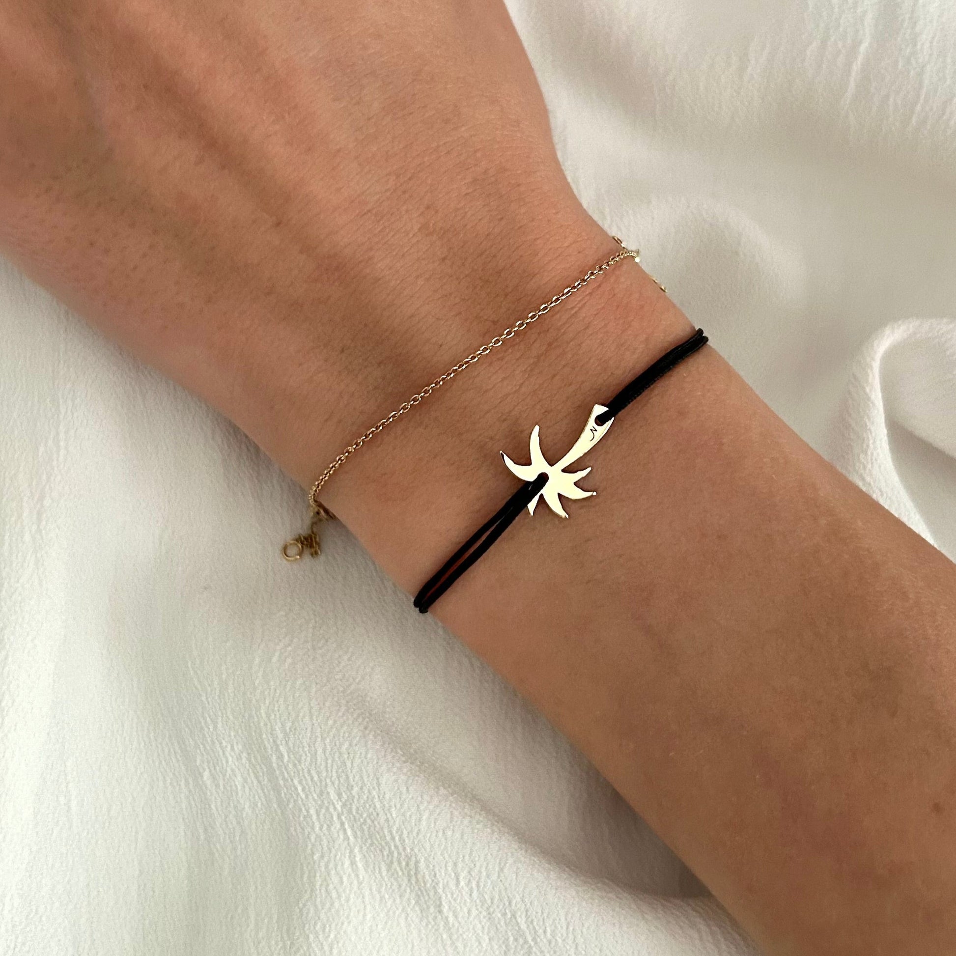 Womens Palm Tree Charm Bracelet in Solid 14K Gold, Adjustable String, Friendship Jewelry Gift for Her, Dainty Anniversary Travelers Bracelet