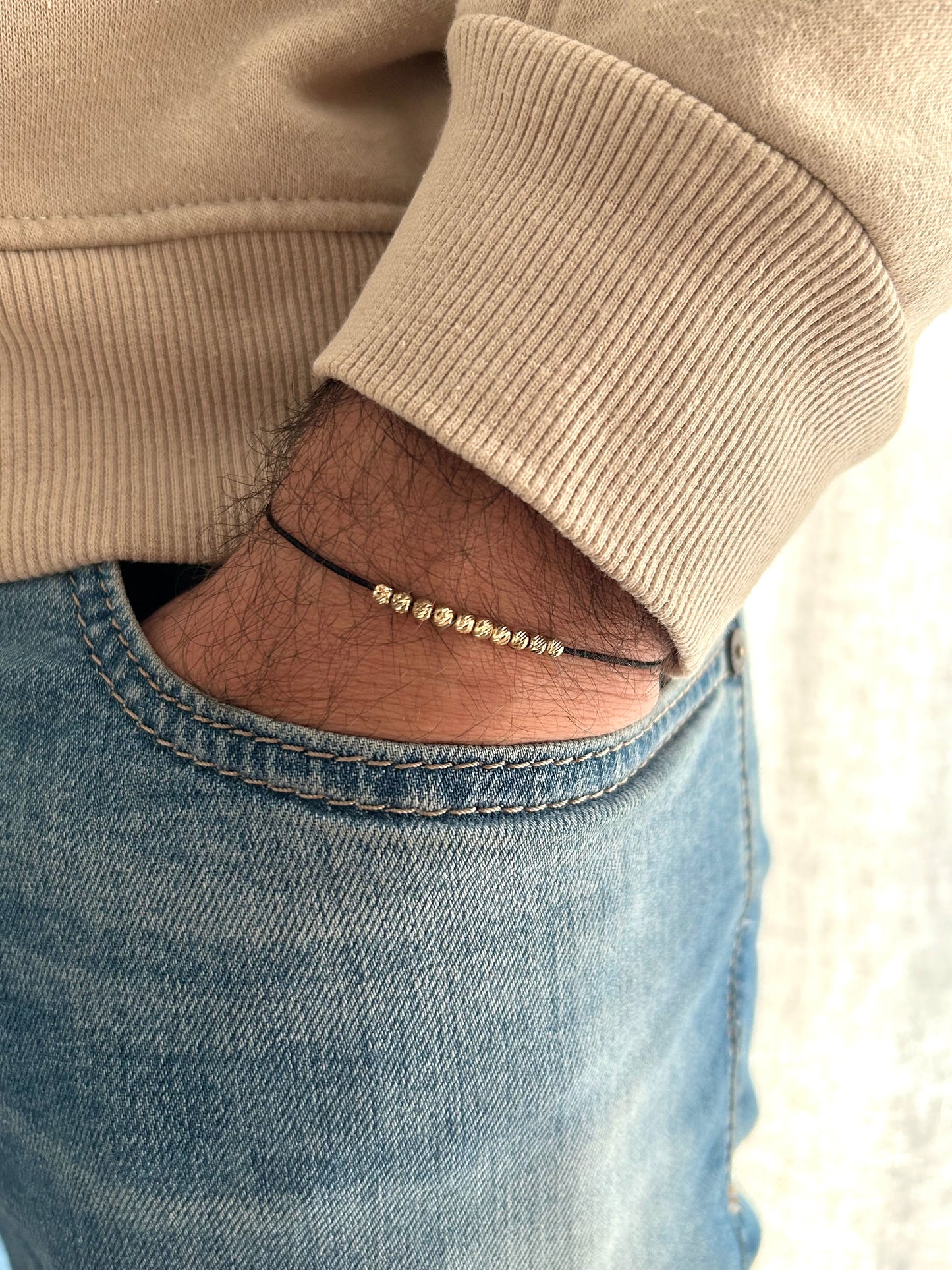 Mens String Bracelet with 14k Gold BEADS, Minimalist Wish Bracelet, Dainty Friendship Bracelet, Anniversary Gift for Him, Stackable Bracelet, waterproof bracelet, fathers day gift, couple matching bracelets, 10th anniversary gift,gold beaded bracelet