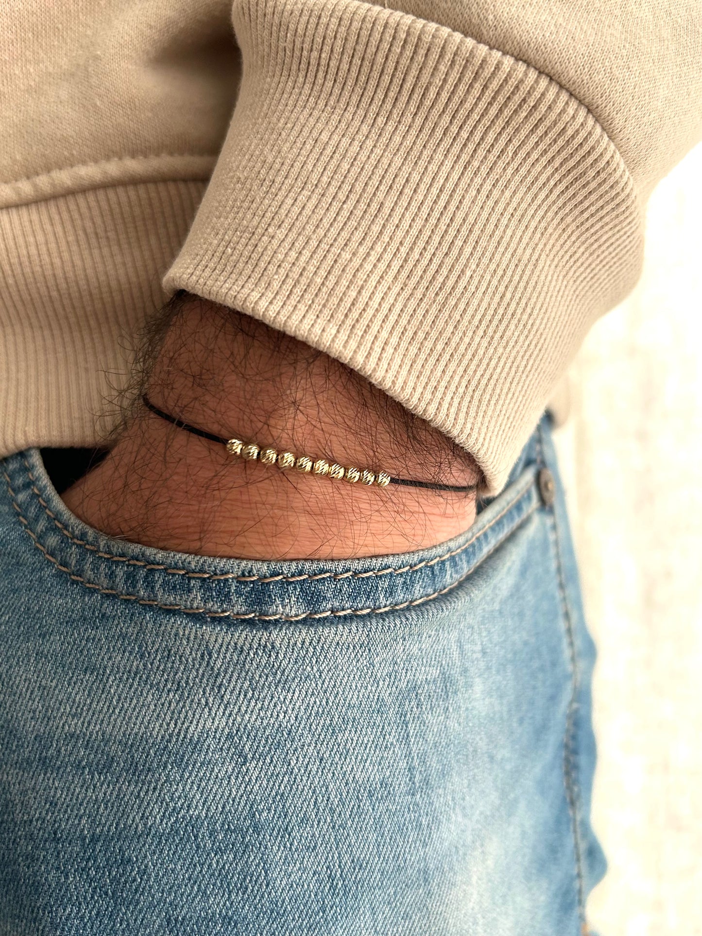 Mens String Bracelet with 14k Gold BEADS, Minimalist Wish Bracelet, Dainty Friendship Bracelet, Anniversary Gift for Him, Stackable Bracelet, waterproof bracelet, fathers day gift, couple matching bracelets, 10th anniversary gift,gold beaded bracelet