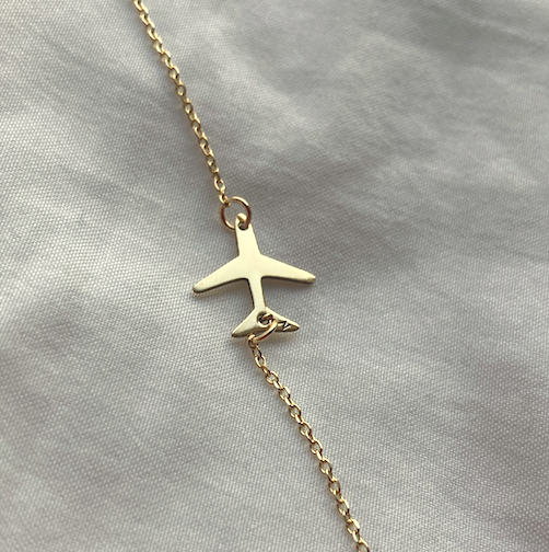 Gift for Her travel gift 14K Gold Airplane Bracelet for Women made by Negru Jewelry online store from solid 14k gold on bracelet chain aviation gift cabin crew flight attendant stewardess