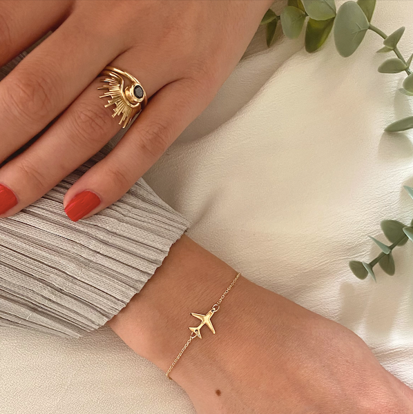 Gift for Her travel gift 14K Gold Airplane Bracelet for Women made by Negru Jewelry online store from solid 14k gold on bracelet chain aviation gift cabin crew flight attendant  jewelry