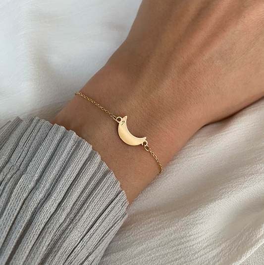 Moon Bracelet Gold Charm on Gold chain for Women 14K Gold Crescent Moon by Negru Jewelry online store