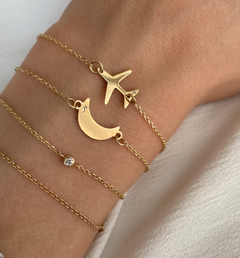 Gift for Her travel gift 14K Gold Airplane Bracelet for Women made by Negru Jewelry online store from solid 14k gold on bracelet chain aviation gift cabin crew flight attendant  travel lovers