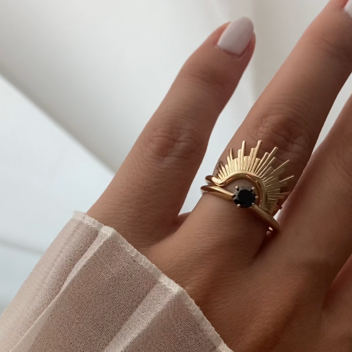 sun ring made from 14K gold Sun ring adjustable size jewelry gift for women sun symbol by Negru Jewelry shop paired with 14k gold and black diamond ring for her