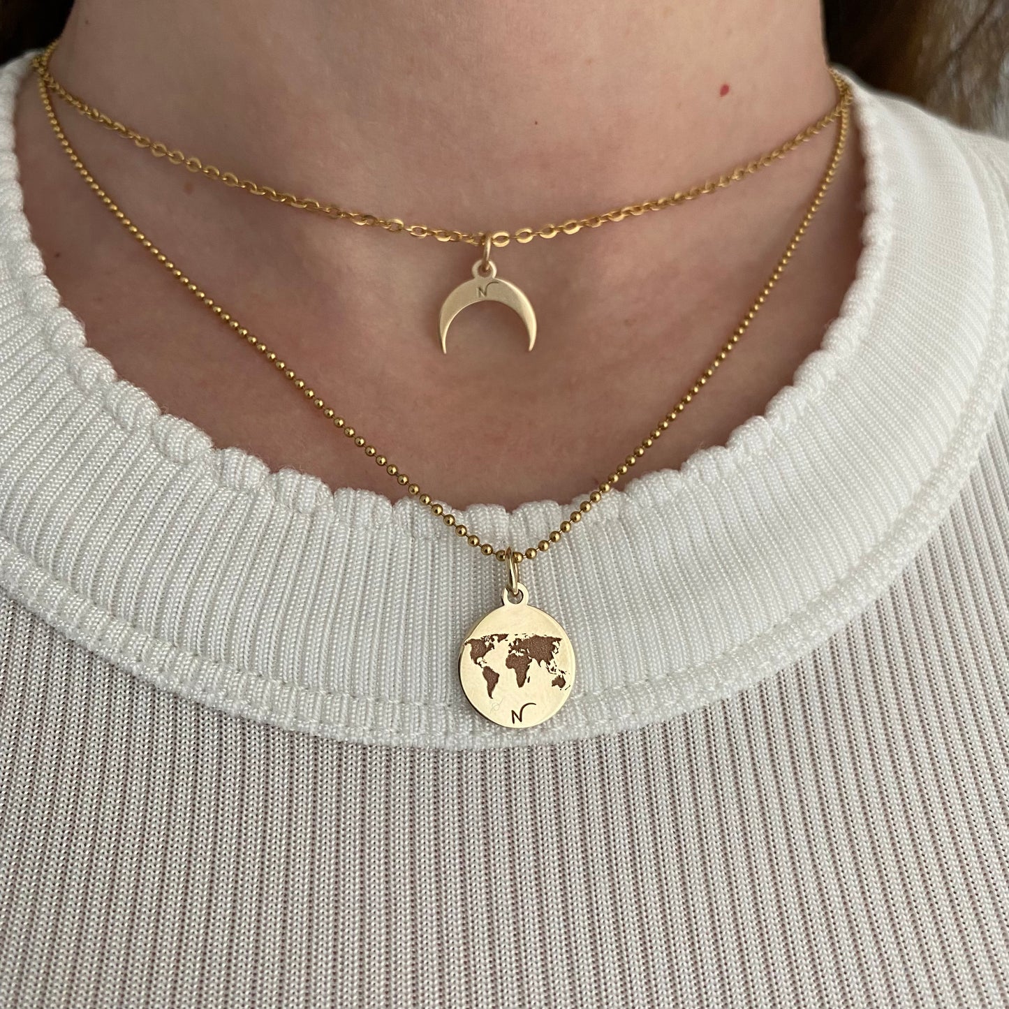 World Map and Crescent Moon solid 14k gold pendants for necklaces by Negru Jewelry