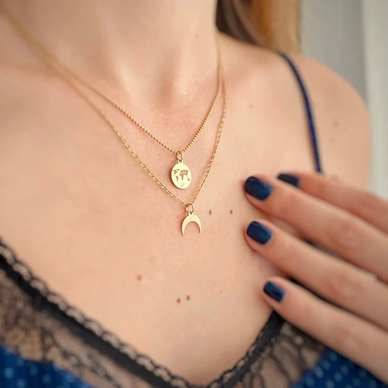 World Map and Crescent Moon solid 14k gold pendants for necklaces by Negru Jewelry